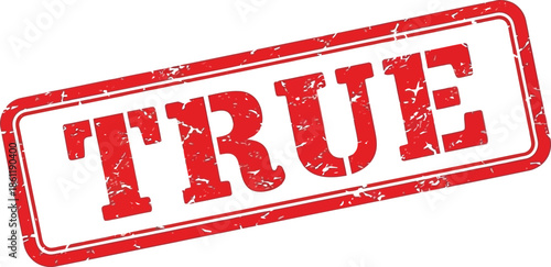 A detailed view of a red rectangular stamp displaying the word true in bold capital letters against a white background
