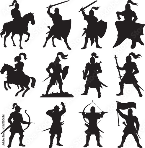 Medieval warriors and knights in various battle poses and actions on white