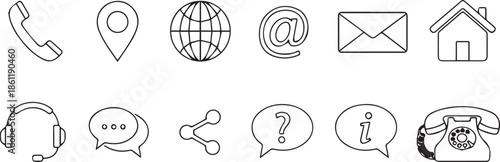 Communication and Contact Icons Set: Phone, Location, Globe, Email, Chat, Support, Website, Social Media, and Home Icons