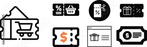 Shopping Coupon Ticket and Gift Voucher Icons for Online Discount Deals