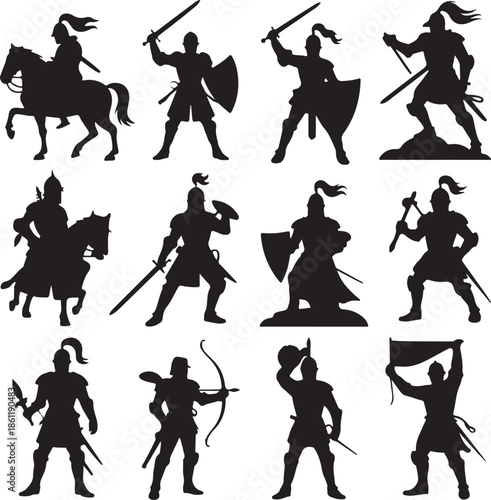 Medieval warriors and knights in various poses with swords and shields