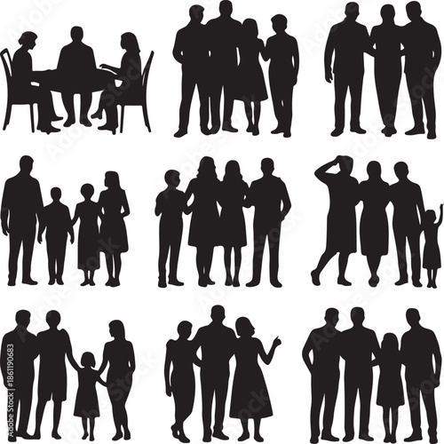 black silhouettes of various people and groups in different poses and settings