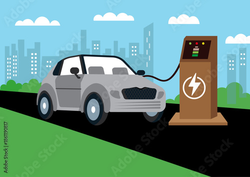 electric car being charged at a charging station illustration