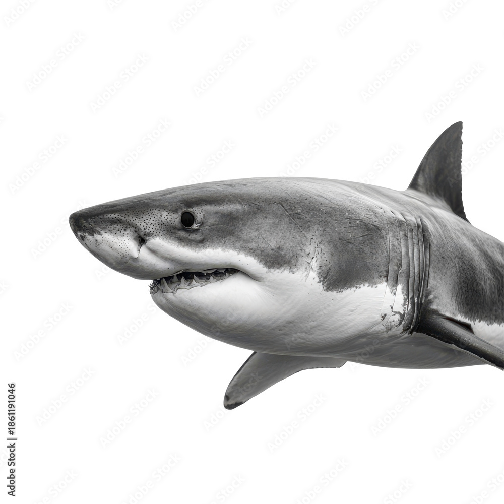 Fototapeta premium Great White Shark Black and White Side View Isolated on Transparent Background