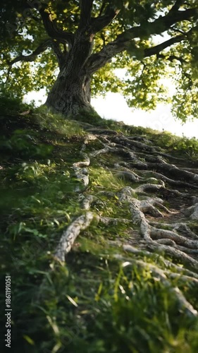 Low-angle view of a path ascending through a vibrant forest, dominated by massive, gnarled tree roots forming natural steps, with bright sunlight at the summit.