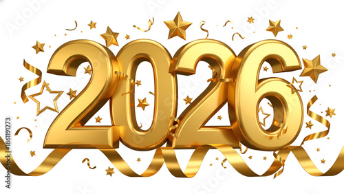 2026 New Year Elegant 3D Metallic 2026 with Sparkling Stars, Ribbon Swirls, white Background