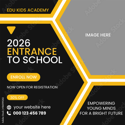 Modern school admission flyer template for education promotion. Creative kids back to school education poster and banner design. Academic admission open flyer with abstract geometric shapes.