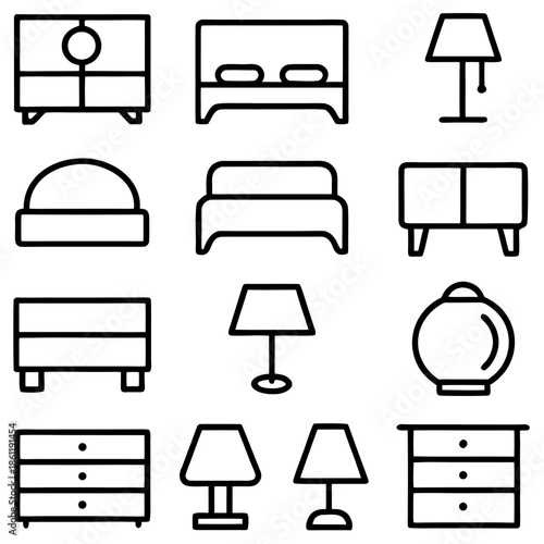 Bedroom furniture icons isolated on transparent background