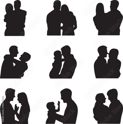 black silhouettes of people in various poses and relationships