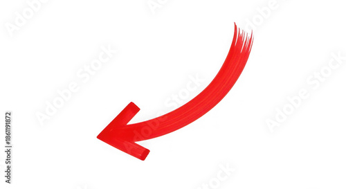 Red brush stroke arrow pointing down and left isolated on a transparent background image