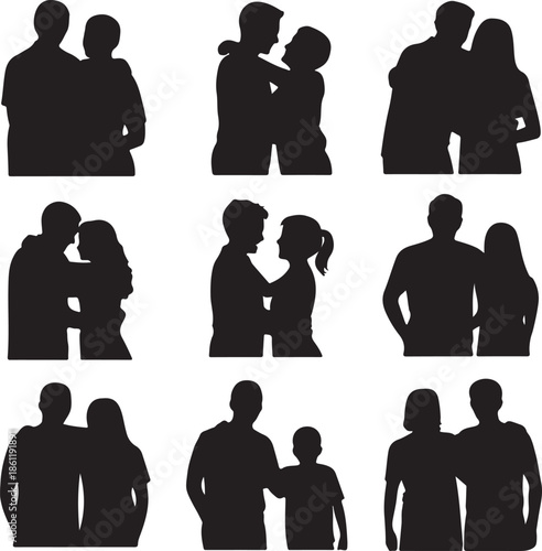 set of black silhouettes of couples and groups of people