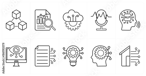 A set of 10 mix icons as blockchain, data analysis, cloud computing