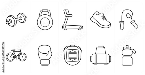 A set of 10 mix icons as dumbell, kettlebell, treadmill