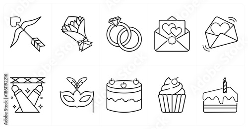 A set of 10 mix icons as cupid arrow, bouquet, engagement ring