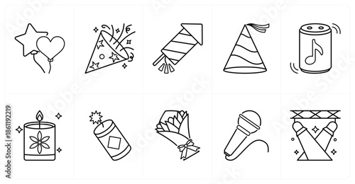 A set of 10 mix icons as balloon, confetti, fireworks