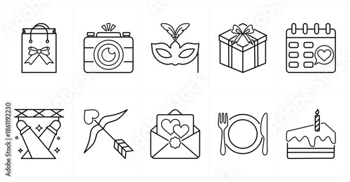 A set of 10 mix icons as gift bag, photo camera, carnival mask