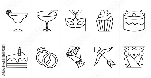 A set of 10 mix icons as champagne glass, carnival mask, cupcake