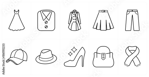 A set of 10 mix icons as dress, t shirt, lady coat
