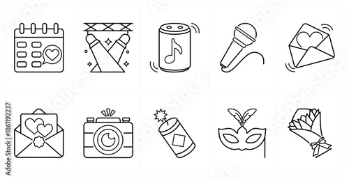 A set of 10 mix icons as event date, stage light, speaker