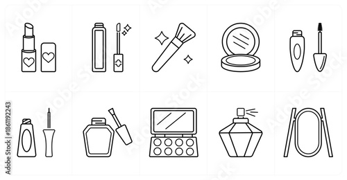 A set of 10 mix icons as lipstick, lip gloss, makeup brush