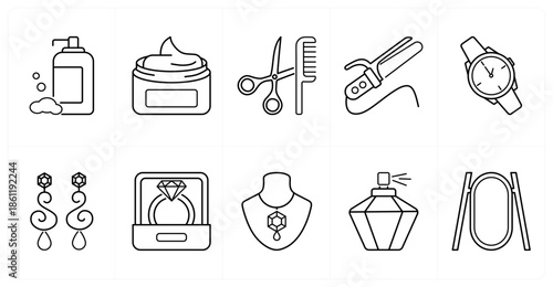 A set of 10 mix icons as shampoo bottle, cream, scissors