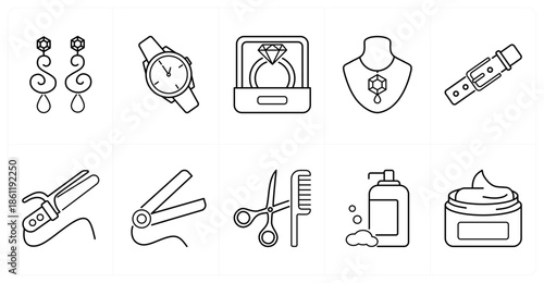A set of 10 mix icons as earings, watch, ring