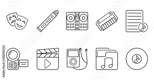 A set of 10 mix icons as theatre mask, flute, dj console
