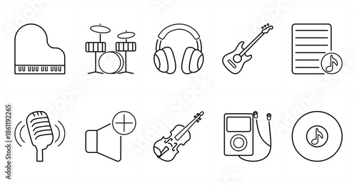 A set of 10 mix icons as piano, drum set, headphones