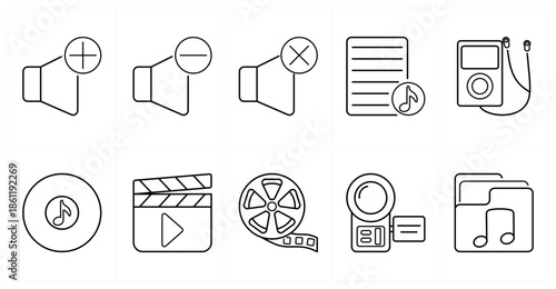 A set of 10 mix icons as volume up, volume down, mute