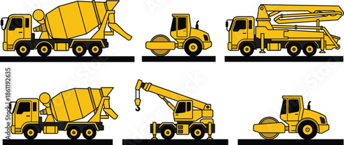 Construction vehicles vector illustration set, concrete mixer truck, crane truck, road roller, pump truck, heavy machinery collection, industrial transport icons isolated on white background