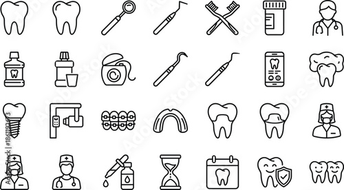 Dental care line icons set with tooth dentist tools oral hygiene equipment medical clinic symbols healthcare outline illustration collection for web app ui design