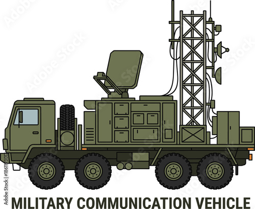 Military communication vehicle with radar antenna system, army signal truck, tactical mobile command unit for defense, surveillance, battlefield network operations illustration isolated