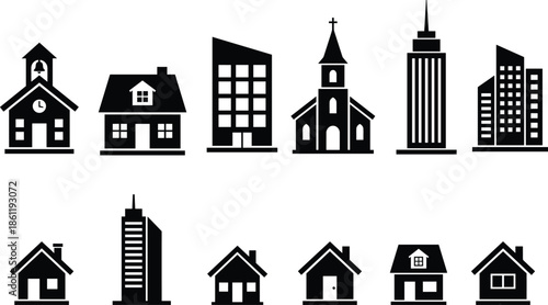 Modern building icons set, house church school skyscraper silhouettes, real estate architecture symbols, urban city construction, residential commercial property design elements