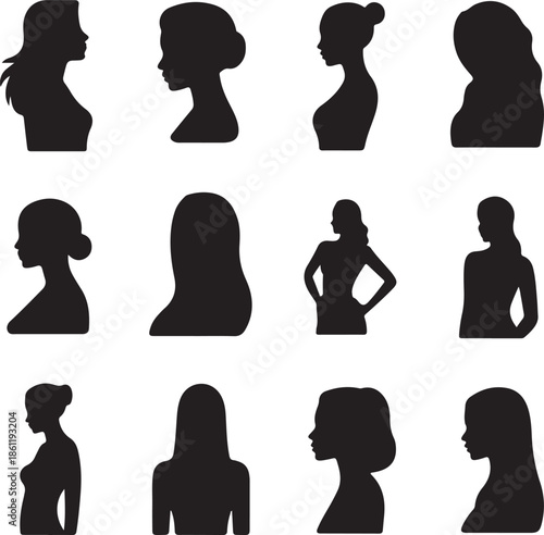 set of women head silhouettes in various poses and hairstyles
