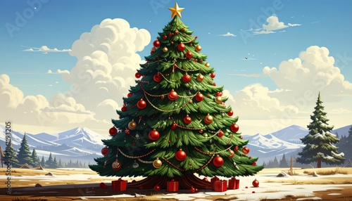 Beautiful Christmas Tree Adorned with Ornaments in a Winter Landscape.