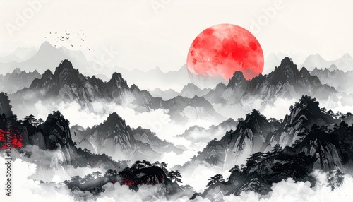 Misty Mountains Sunrise with Red Sun.
