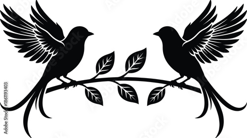 Two flying bird silhouettes on branch, symmetrical bird illustration, black nature design, decorative wildlife art, minimal tattoo style, vector bird logo concept
