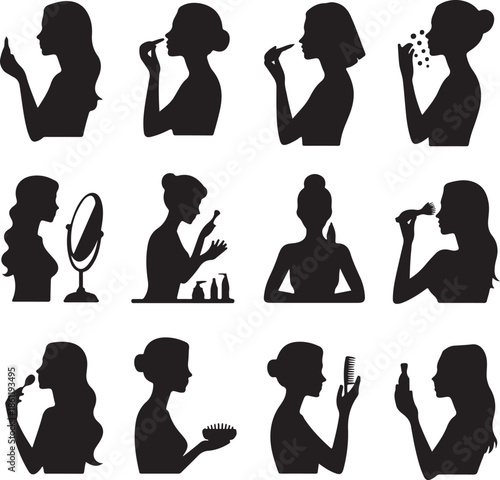 women applying makeup and beauty routine silhouettes