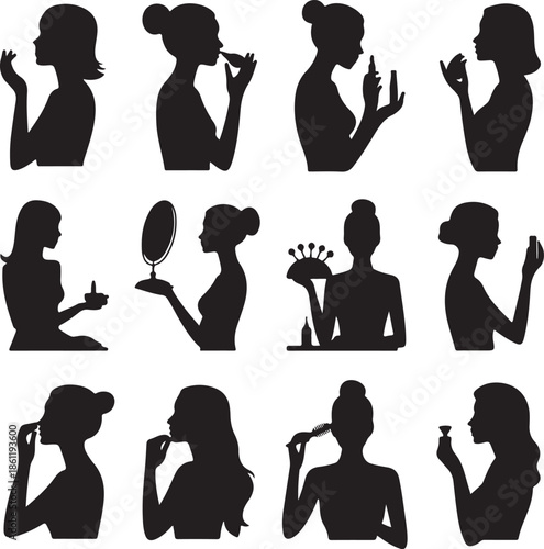Silhouettes of women applying makeup and beauty products