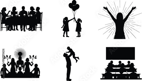 Silhouette illustrations of people in various social and celebratory scenes