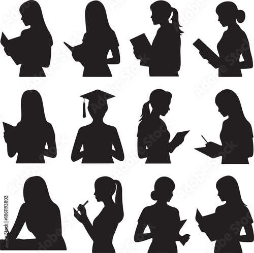 Silhouettes of women reading and studying in various poses