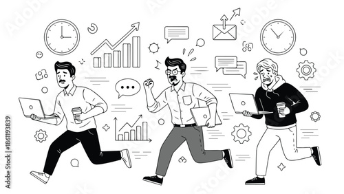 Overwhelmed Businessmen Running Against Deadline with Laptops and Clocks Line Art Vector