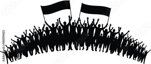 Crowd silhouettes waving flags and raising hands, people unity protest celebration concept, large group demonstration isolated black on white background illustration
