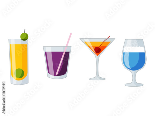 different colorful drinks in glasses illustration