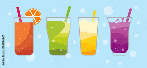 different colorful drinks in glasses illustration