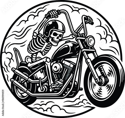 Skeleton Biker Riding Chopper Motorcycle in Circular Badge – Vintage Skull Rider, Black and White Vector Illustration