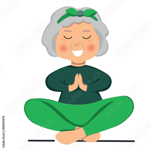 Sporty Granny does Yoga. Old person. Vector colorful cartoon illustration. Senior woman in pose yoga. Exercising for better health. Isolated flat image. Grandma. Grandmother character.
