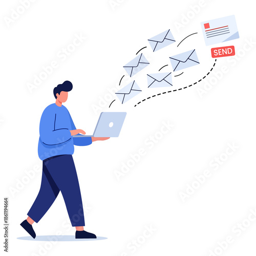 A man using a laptop to send multiple emails while walking