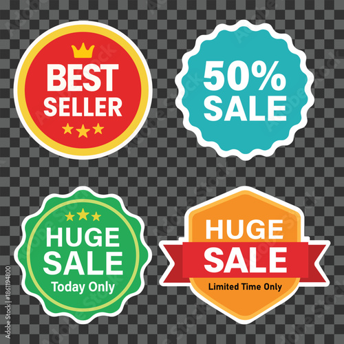 A set of colorful sale stickers on a transparent background
