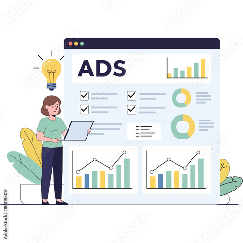 A woman analyzes data on a large computer screen with graphs and charts in a modern workspace